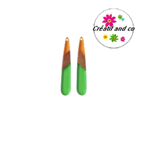 Pendentif goutte bois et résine bi couleur orange/vert  43mm