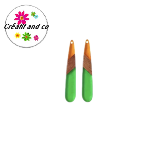 Pendentif goutte bois et résine bi couleur orange/vert  43mm