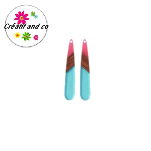 Pendentif goutte bois et résine bi couleur fuschia/bleu  43mm