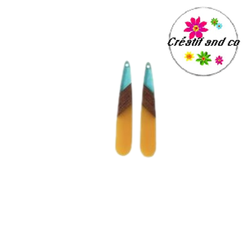 Pendentif goutte bois et résine bi couleur bleu/jaune  43mm