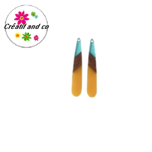 Pendentif goutte bois et résine bi couleur bleu/jaune  43mm
