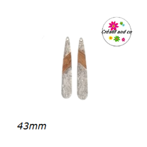 Pendentif goutte bois et résine bi couleur argent paillette 43mm