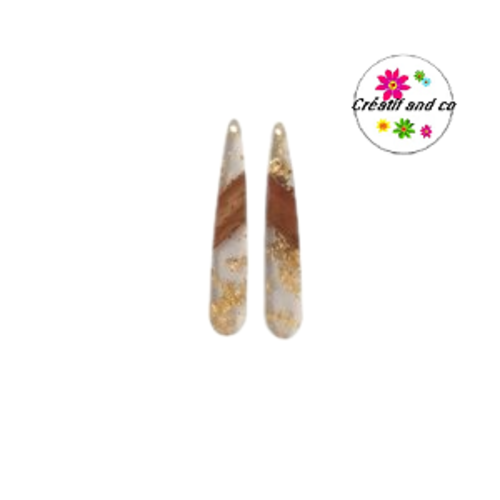 Pendentif goutte bois et résine bi couleur or paillette  43mm