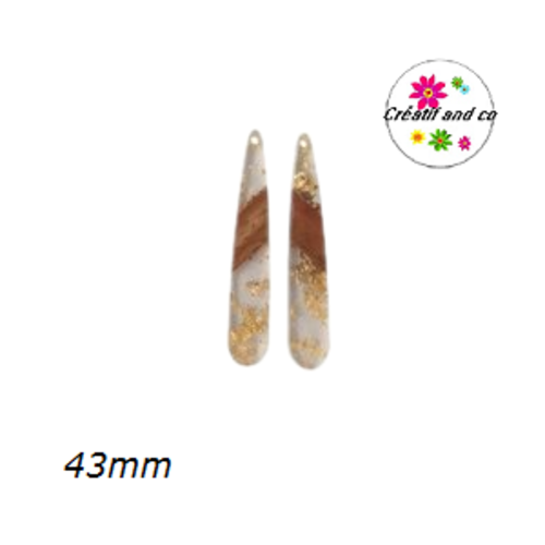 Pendentif goutte bois et résine bi couleur or paillette 43mm