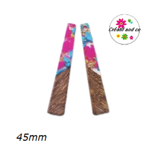 Pendentif bois et résine fuschia/turquoise/or 45mm