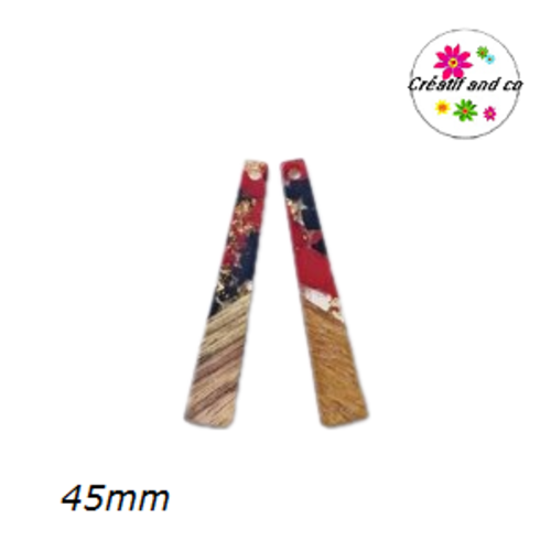 Pendentif bois et résine rouge/noir/or 45mm