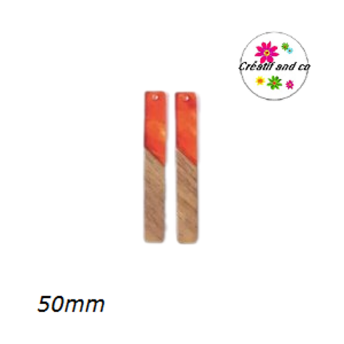 Pendentif rectangle bois et résine rouge orangé translucide 50mm