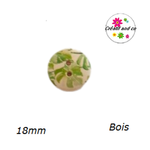 Bouton motif feuille bois vernis 18mm