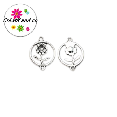 Connecteur fleur argentée dans cercle  24mm