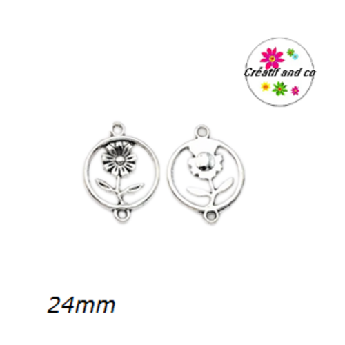 Connecteur fleur argentée dans cercle 24mm