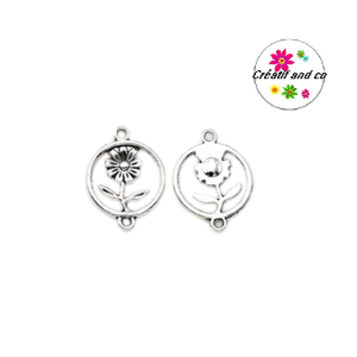 Connecteur fleur argentée dans cercle  24mm