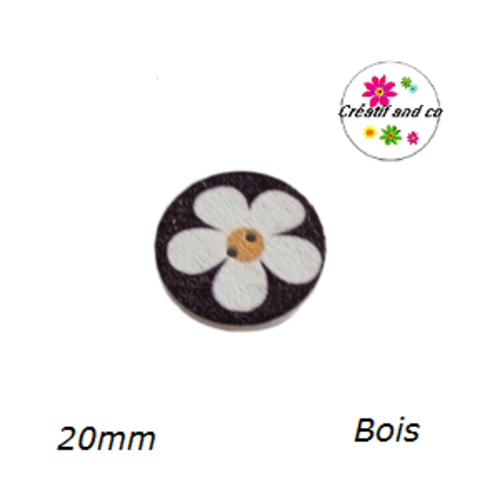 Bouton motif fleur blanche bois vernis  20mm