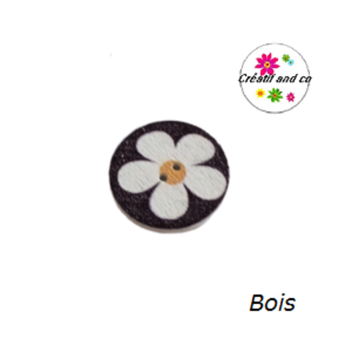 Bouton en bois vernis motif fleur blanche 20mm