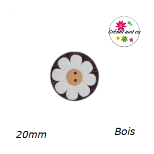 Bouton motif fleur blanche bois vernis  20mm