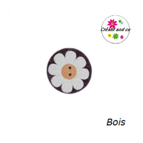 Bouton en bois vernis motif fleur blanche 20mm