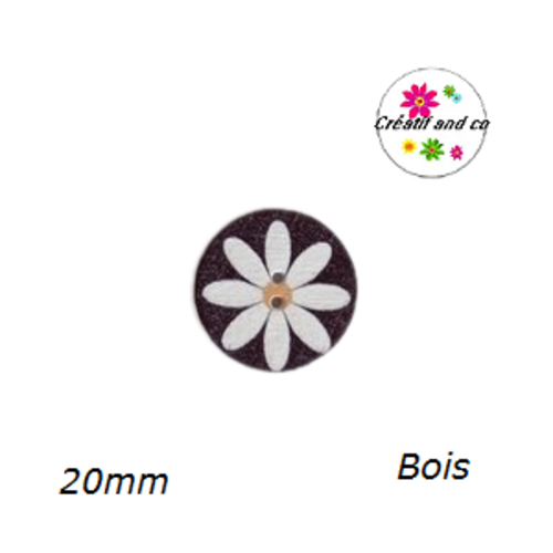 Bouton motif fleur blanche bois vernis  20mm