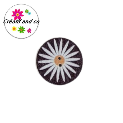 Bouton en bois vernis motif fleur blanche 20mm