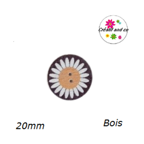 Bouton motif fleur blanche bois vernis  20mm