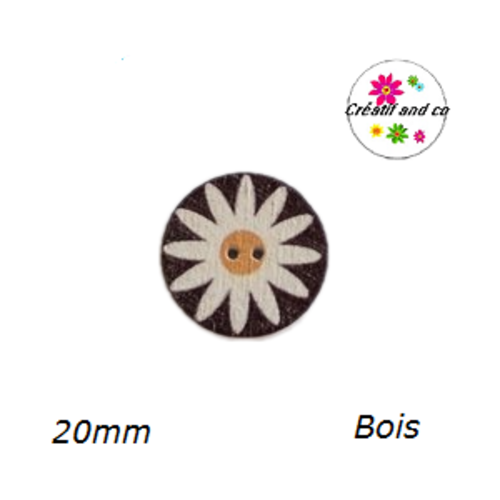 Bouton motif fleur blanche bois vernis  20mm