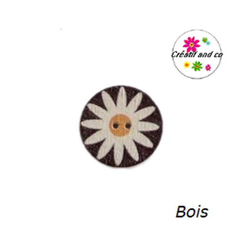 Bouton en bois vernis motif fleur blanche 20mm