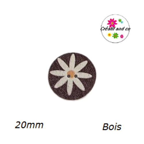 Bouton motif fleur blanche bois vernis 20mm