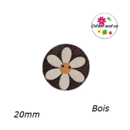 Bouton motif fleur blanche bois vernis 20mm