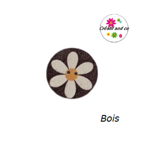 Bouton en bois vernis motif fleur blanche 20mm