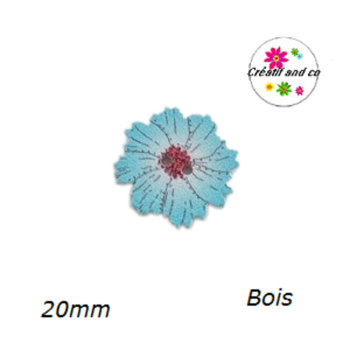Bouton fleur bleue claire bois vernis 20mm