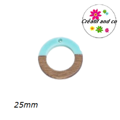 Pendentif rond creux bois et résine bleu 25mm