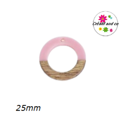 Pendentif rond creux bois et résine rose  25mm
