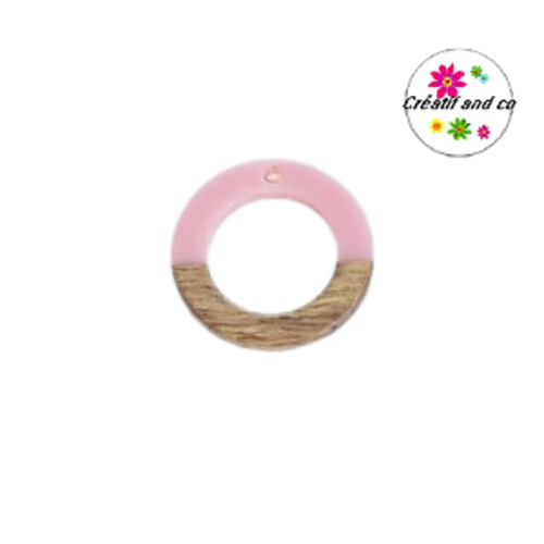 Pendentif rond creux bois et résine rose  25mm