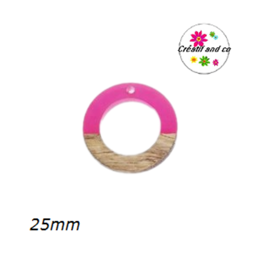 Pendentif rond creux bois et résine fuschia translucide  25mm