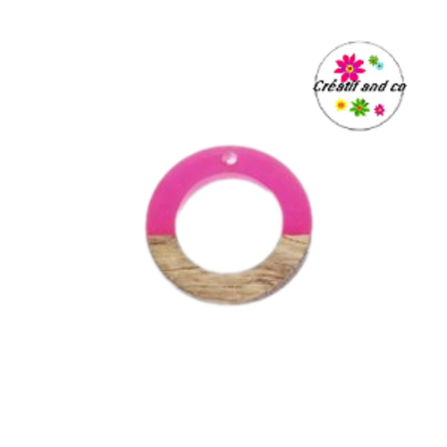 Pendentif rond creux bois et résine fuschia translucide  25mm