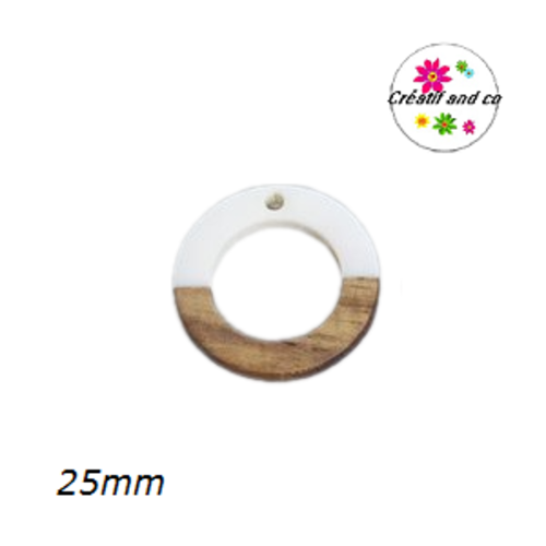 Pendentif rond creux bois et résine blanc  25mm