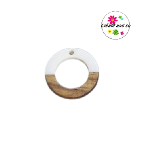 Pendentif rond creux bois et résine blanc  25mm