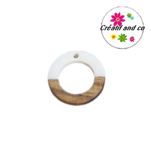 Pendentif rond creux bois et résine blanc  25mm