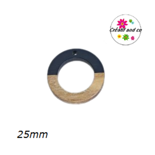 Pendentif rond creux bois et résine noir  25mm