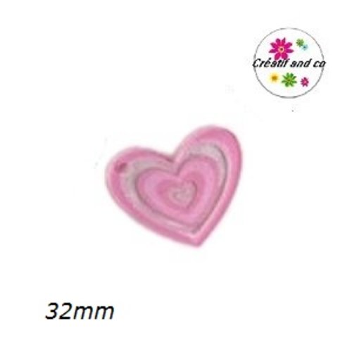 Breloque pendentif coeur rose 32mm