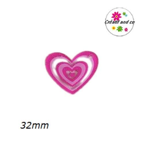 Breloque pendentif coeur fuschia 32mm