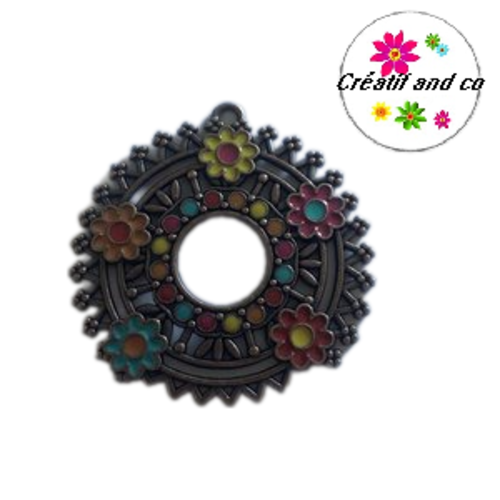 Grand pendentif rond émail style bohème fleuri  38mm