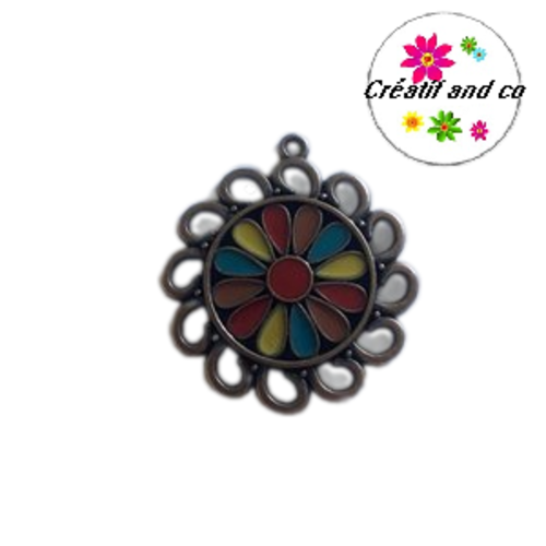 Pendentif rond émail style bohème fleuri 31mm