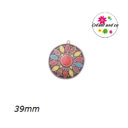 Grand pendentif rond émail style bohème 39mm