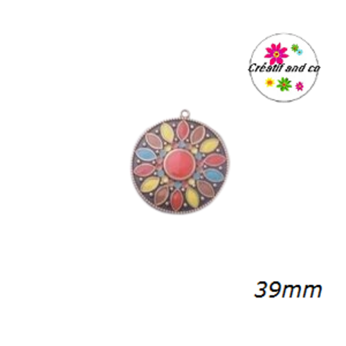 Grand pendentif rond émail style bohème 39mm