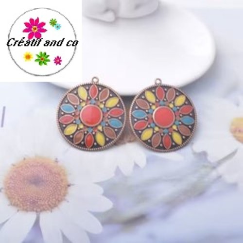 Grand pendentif rond émail style bohème 39mm