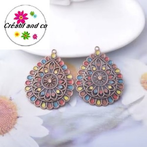 Grand pendentif goutte émail style bohème 43mm