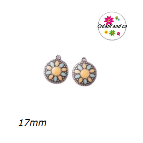 Breloque ronde émail orange/turquoise 17mm