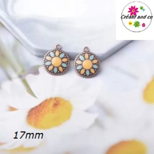 Breloque ronde émail orange/turquoise 17mm