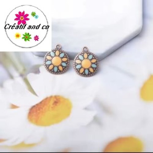 Breloque ronde émail orange/turquoise 17mm