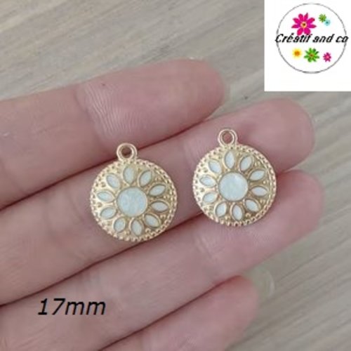 Breloque ronde émail dorée nacrée  17mm