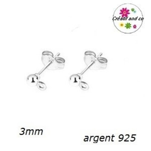 Tige clou tête boule 3mm + poussoirs argent 925